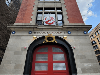 Headquarters of Ghostbusters with its famous red door and the iconic sign of the ghost hunters.