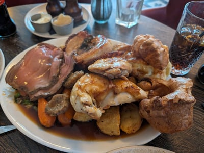 Roast meat and vegetable plate, emblematic of the Sunday brunch at Prince Bonaparte, in London.