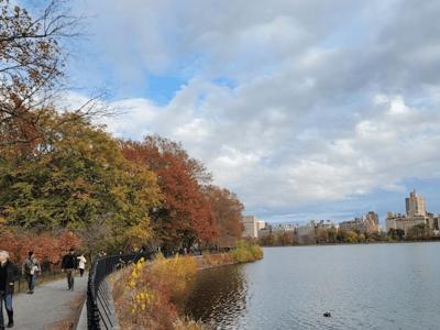 Path along the Jacqueline Kennedy-Onassis Reservoir, highlighting autumn with colorful trees and a cloudy sky.