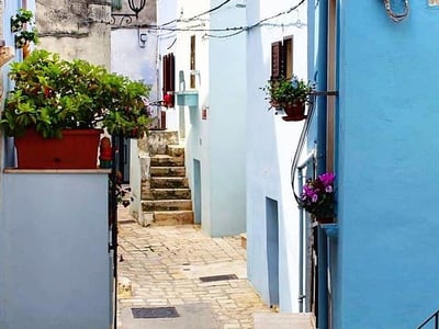 Ruelle pittoresque à Casamassima, ornée de fleurs et maisons bleu clair, reflet du charme méditerranéen.