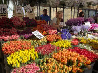 Fleurs colorées au marché aux fleurs de Columbia Road, avec des vendeurs et des panneaux de prix visibles.