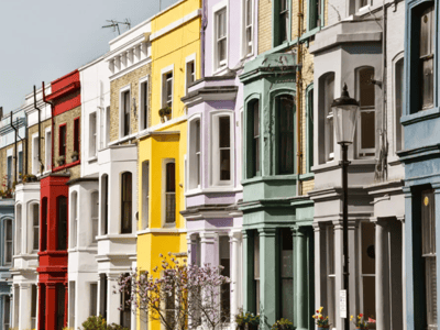 Colorful houses of Portobello Road, London, representing the vibrant architecture of the neighborhood.