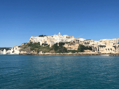 Vue panoramique de Mattinata, avec ses maisons blanches surplombant la mer turquoise, évoquant le charme de la Côte des Gargano.
