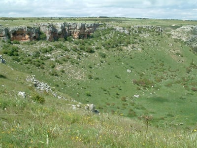 Panoramic view of the Altamura Man Prehistoric Site, highlighting its rock formations and abundant vegetation.