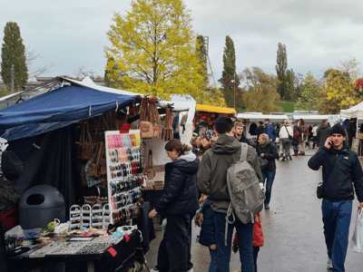 Lively market at Mauerpark, showcasing colorful stands of clothing and accessories, with visitors exploring local treasures.