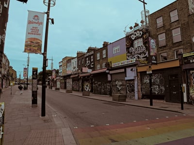 Empty streets of Camden Town, with colorful walls and a gray sky, illustrating the unique artistic vibe of the neighborhood.