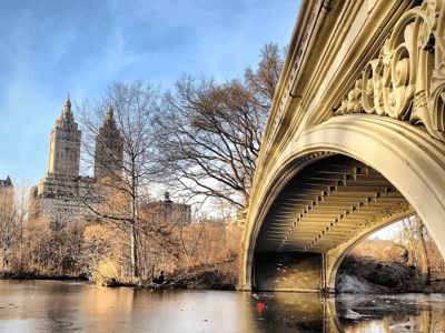 Bow Bridge in Central Park, framed by trees and with skyscrapers in the background, evoking urban beauty.
