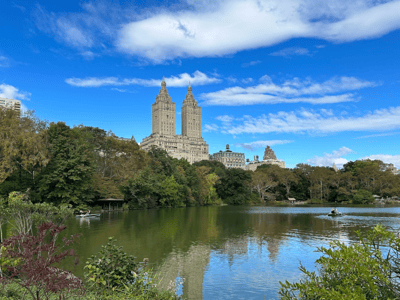Peaceful view of the lake in Central Park, with skyscrapers in the background and lush green trees.