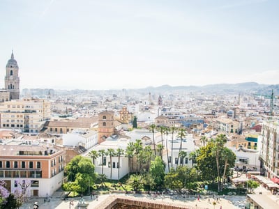 Panoramic view of Málaga, showing historic houses and palm trees under a clear blue sky.
