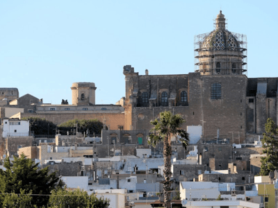 Panoramic view of the white roofs of Oria, with the majestic cathedral in the background, revealing the historical charm of the region.