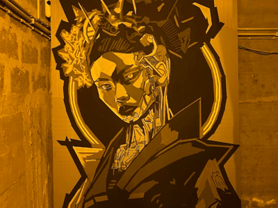 Futuristic mural depicting a cyborg woman, on display at gallery P61, blending modern art and technology.