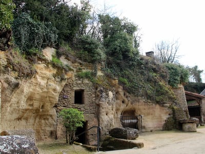 Habitations troglodytes à Rochemenier, avec des entrées sculptées dans la roche et entourées de verdure.