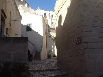 Rue pittoresque et étroite à Sasso Barisano, mettant en valeur les bâtiments en pierre et l'ombre apaisante.