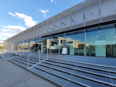Modern entrance of the Topography of Terror Museum, dedicated to the history of Nazism and war crimes in Berlin.