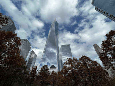 Vue impressionnante de la tour One World Trade Center, entourée d'arbres aux feuilles dorées sous un ciel nuageux à New York.