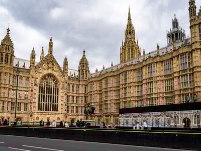 View from the outside of the Palace of Westminster, featuring its architectural details and visitors strolling in front.