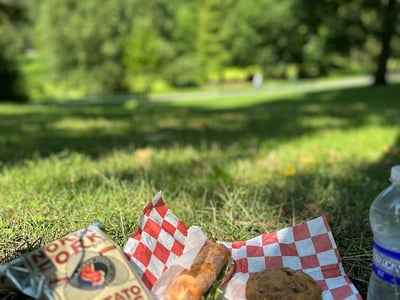 Picnic meal on the grass at Perfect Picnic NYC, with chips, sandwich, and a bottle of water, surrounded by greenery.