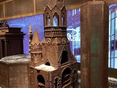 Chocolate model representing an iconic building at Rausch Schokoladenhaus, with refined architectural details.