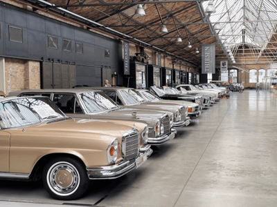 Exhibition of vintage cars at the Bilmuseum, featuring an elegant row of classic Mercedes models.