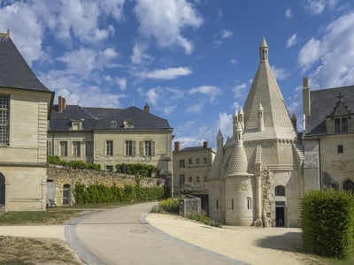 Historic site of Fontevraud-l'Abbaye with its unique architecture and historic buildings under a blue sky.