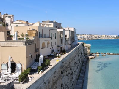 Vue des maisons historiques de Monopoli, le long du front de mer, avec des eaux cristallines et un ciel bleu éclatant.
