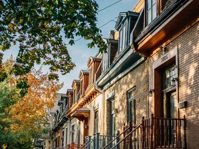 Maisons colorées avec balcons sur le Plateau Mont-Royal, entourées d'arbres aux feuilles dorées en automne.