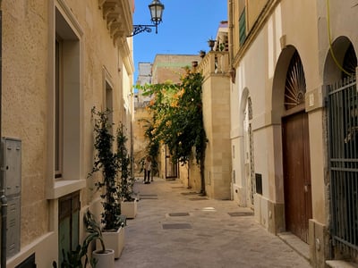 Rue pavée à Lecce, bordée de bâtiments historiques et de verdure, évoquant le charme de la ville italienne.