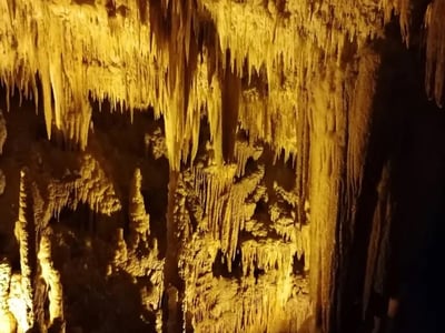 Stalactites et stalagmites illuminées à l'intérieur des grottes de Castellana, révélant des formations spectaculaires.