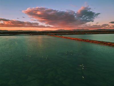 Coucher de soleil sur les marais de Santa Pola, avec des oiseaux glissant sur l'eau calme et des nuages colorés.