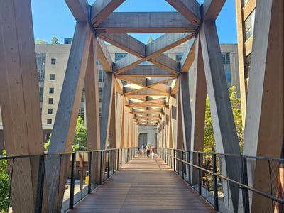 Modern bridge of the Moynihan Train Connector, with wooden structures and pedestrians, illustrating urban architecture.