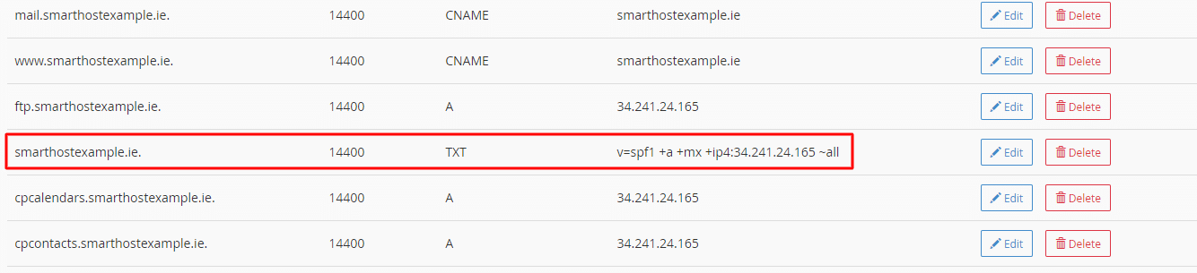 This image shows DNS records for a domain, which are used to map domain names to IP addresses and other information.