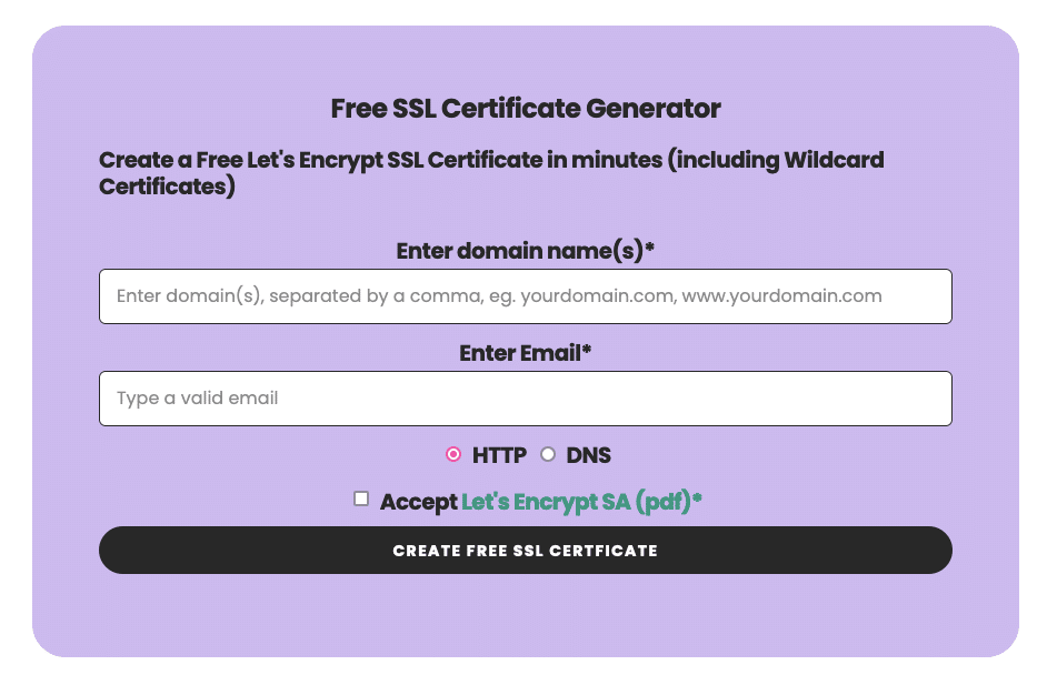 Screenshot of a webpage titled "Free SSL Generator" with fields to enter domain names and an email address, options for HTTP or DNS validation, and an option to accept Let's Encrypt SA.