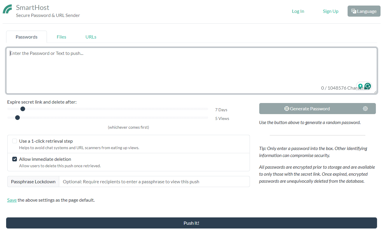 Screenshot of smarthost website interface for securely sending passwords or urls, featuring input fields, options for link expiration and visibility settings.