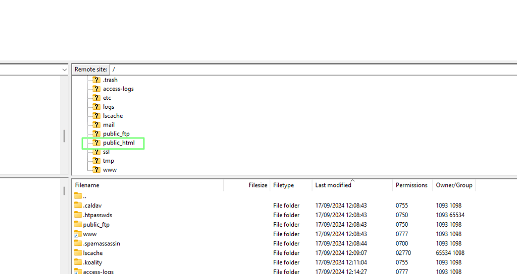 A file manager interface showing a directory tree on the left with "public_html" highlighted. The right pane displays various folders such as "bin", "tmp", and "www" with details like size and permissions.