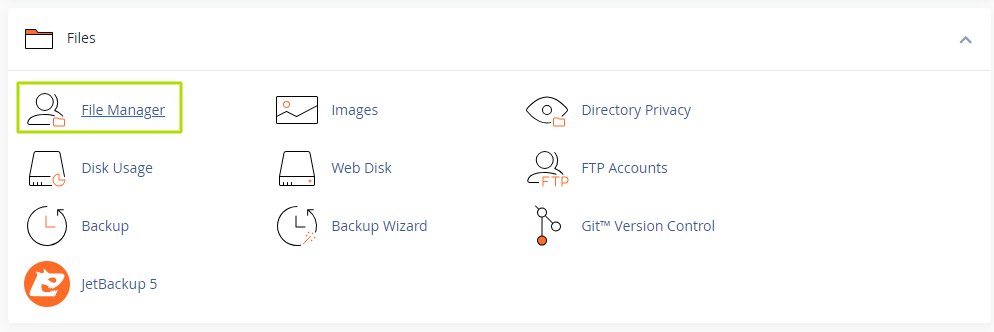 Screenshot of a file management interface with icons and labels for File Manager, Images, Directory Privacy, Disk Usage, Web Disk, FTP Accounts, Backup, Backup Wizard, Git™ Version Control, and JetBackup 5.