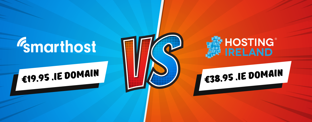 Graphic comparing smarthost (€19.95 .IE domain) on a blue background and Hosting Ireland (€38.95 .IE domain) on an orange background with "VS" in the center.