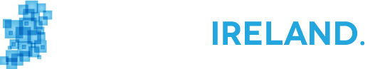 Blue digital square pattern on the left with the word "IRELAND." in bold blue capital letters on the right, all on a white background.