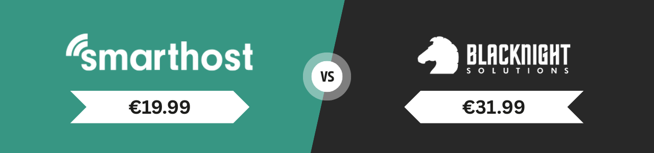 Comparison graphic showing Smarthost at €19.99 on a green background and Blacknight Solutions at €31.99 on a black background, separated by a "vs" circle.