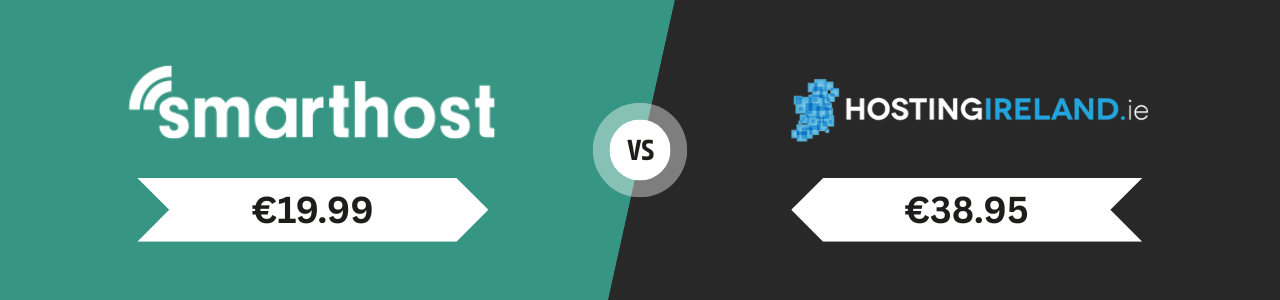 Comparison image showing Smarthost at €19.99 on a green background versus HostingIreland.ie at €38.95 on a dark background, with "vs" in the center.