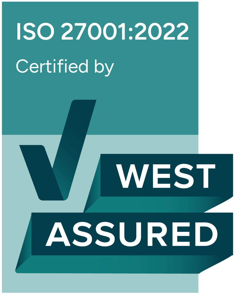 WA_RGB_Certified_ISO 27001 2022 ISO 27001:2022 Certified by West Assured logo with a large checkmark and bold text on a teal background.