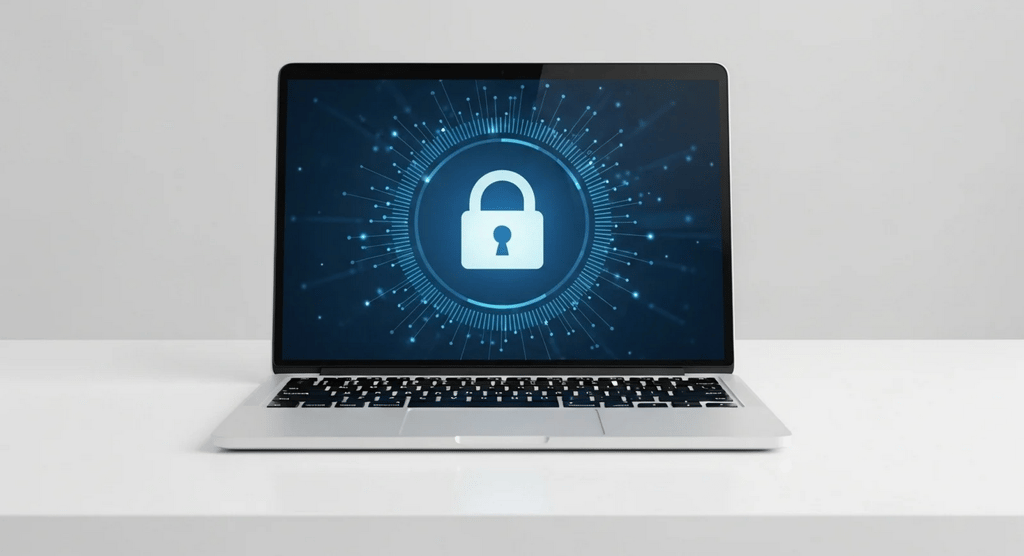 A laptop on a white desk displays a padlock symbol on its screen, representing digital security or data protection.