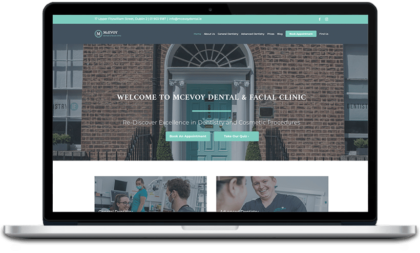 The image is of a welcome page for McEvoy Dental & Facial Clinic, providing information about the clinic and its services.