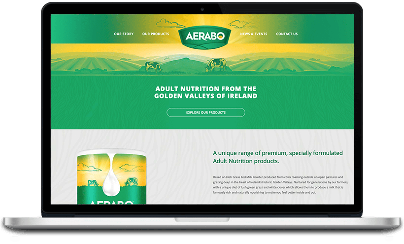 aerabo-featured This image is showcasing a unique range of premium, specially formulated adult nutrition products that are based on Irish Grass Fed Milk Powder produced from cows roaming outside on open pastures in Ireland's Golden Valleys.
