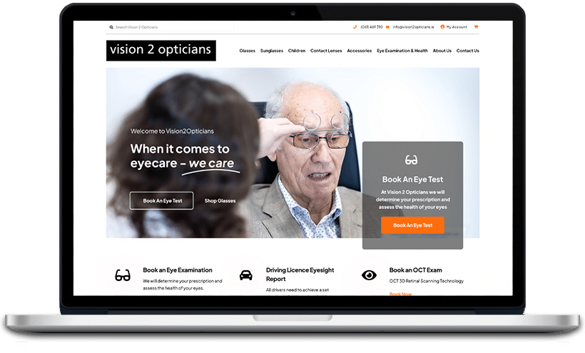 The image shows an open laptop displaying a website for an optician service with options for booking eye tests and shopping for glasses.