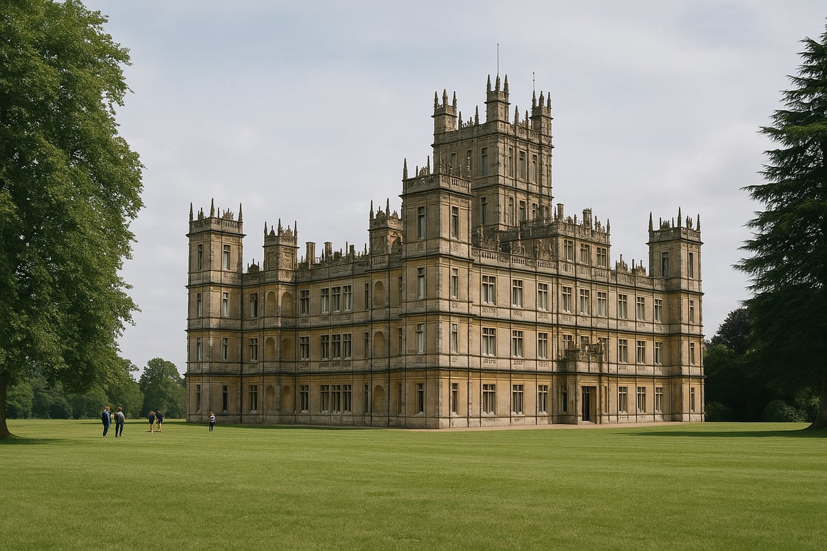 8K photograph of Highclere Castle (Downton Abbey) on a clear afternoon.