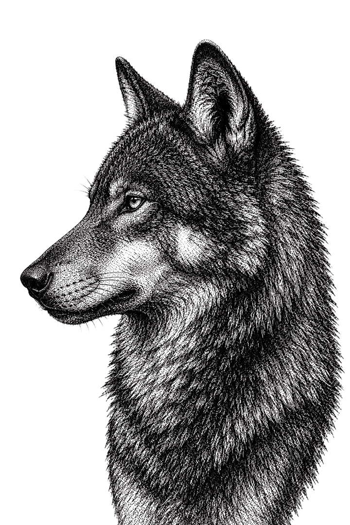 Lobo em estilo gravura, símbolo de foco e resistência