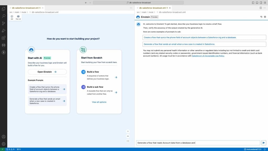 Einstein for Anypoint Code Builder helps developers jumpstart projects by using natural language to generate code and integration flows