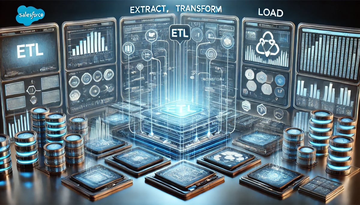 A sleek, futuristic workspace with multiple digital screens displaying data flows, graphs, and integration processes. In the center of the image, a glowing interface shows the ETL process—Extract, Transform, Load