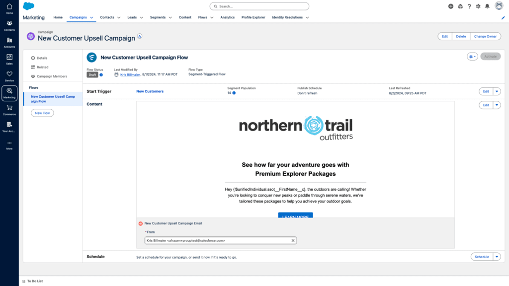 This image features a marketing campaign being set up in Salesforce Marketing Cloud. The campaign is designed for upselling new customers, with a flow triggered by new customer acquisition. The interface shows the campaign's status as a draft and includes options for editing campaign content, scheduling, and segment population. The visual highlights Salesforce’s integrated marketing features for managing and executing customer engagement flows.
