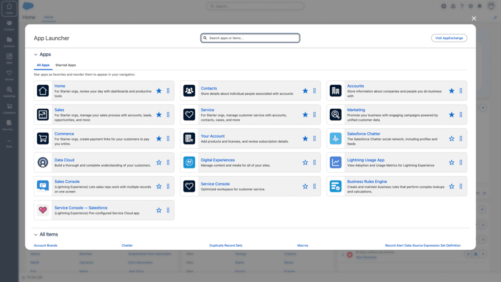 This image displays the Salesforce App Launcher, showcasing a variety of apps available for business operations. Key tools visible include Sales Cloud, Service Cloud, Marketing Cloud, Commerce Cloud, and Data Cloud. The interface allows users to navigate between various apps and services, illustrating the versatility and integration of Salesforce's enterprise solutions.